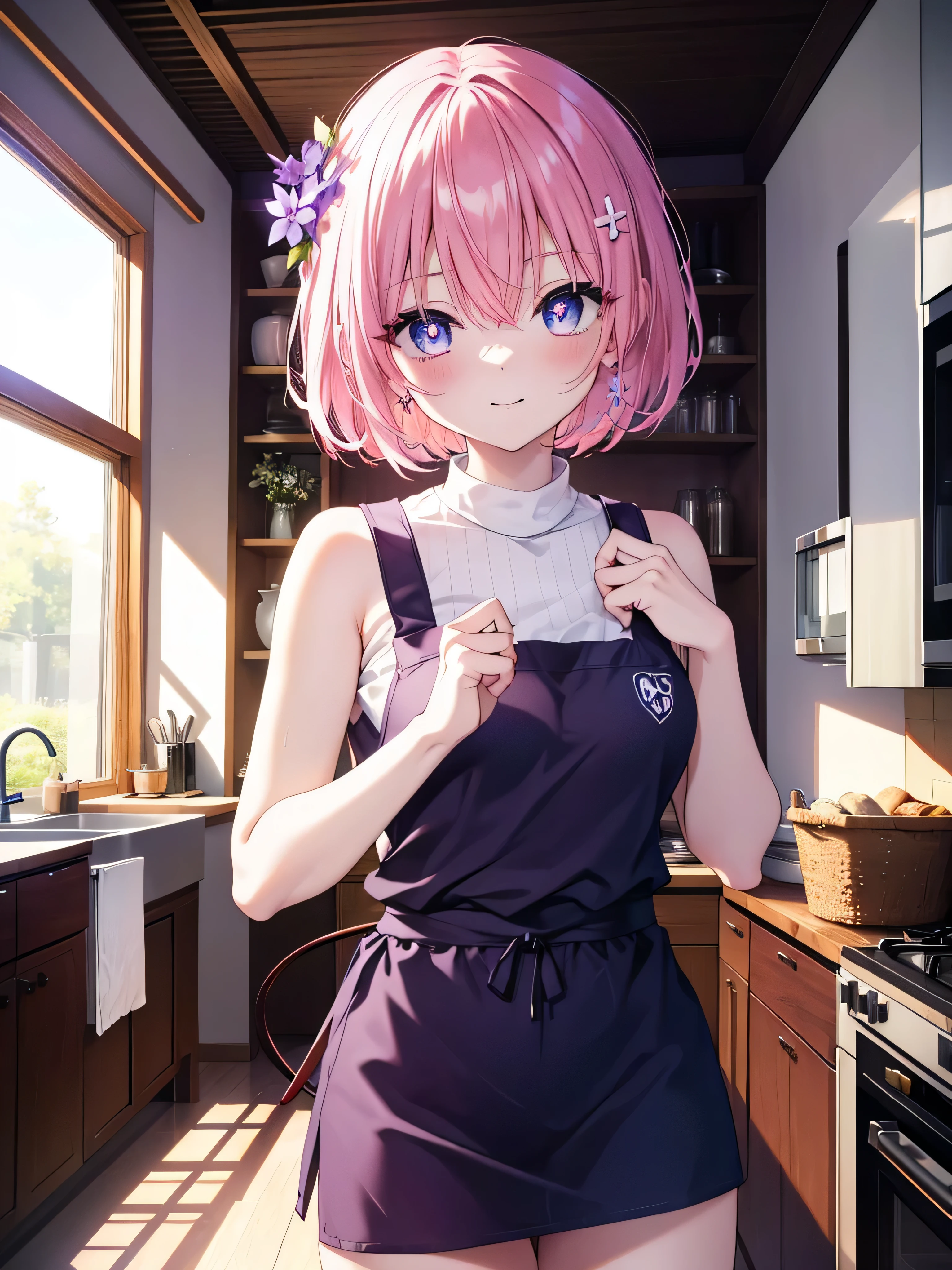 momomodel buildinguke, Deviluke Type, demon tail, Hair Flowers, hair ornaments, (Purple eyes:1.1),smile,blush,Happy atmosphere,Open your mouth, Pink Hair, short hair, tail, smile,Tank top,Bare neck,Shorts,apron,barefoot,cook in the kitchen、Cooking pasta in a frying pan break indoors, kitchen,
break looking at viewer, (Cowboy Shot:1.5),
break (masterpiece:1.2), highest quality, High resolution, unity 8k wallpaper, (shape:0.8), (beautiful detailed eyes:1.6), extremely detailed face, Perfect lighting, extremely detailed CG, (Perfect hands, Perfect Anatomy),