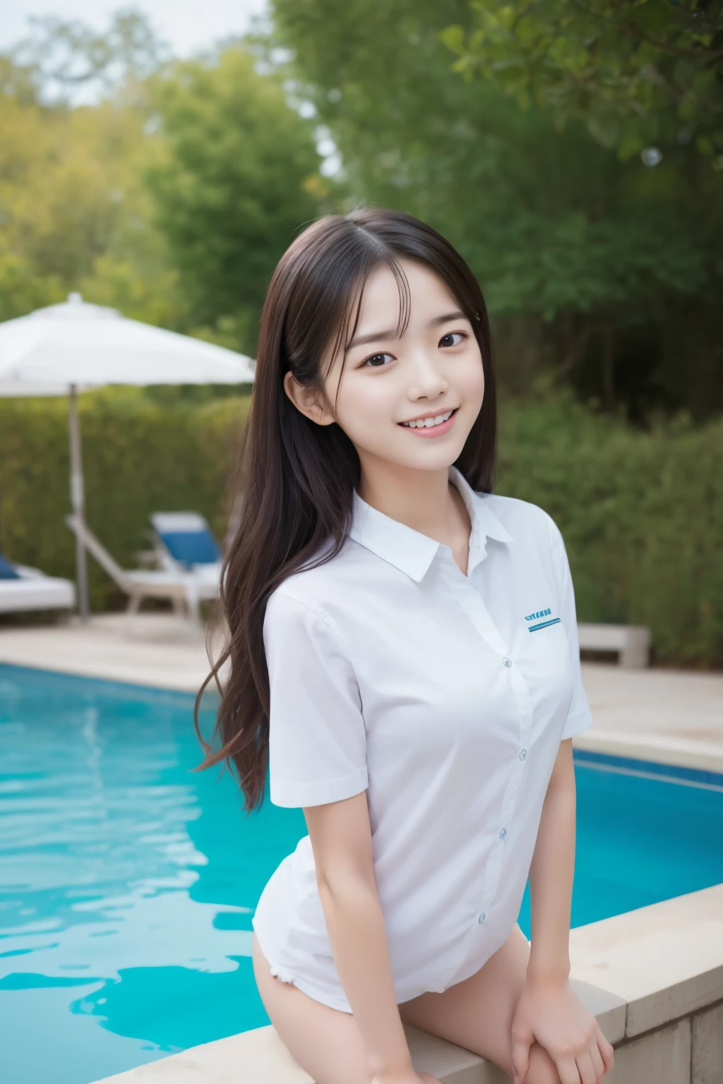 Girl and girl, ((uniform)), light smile, sitting, outdoor, pool,