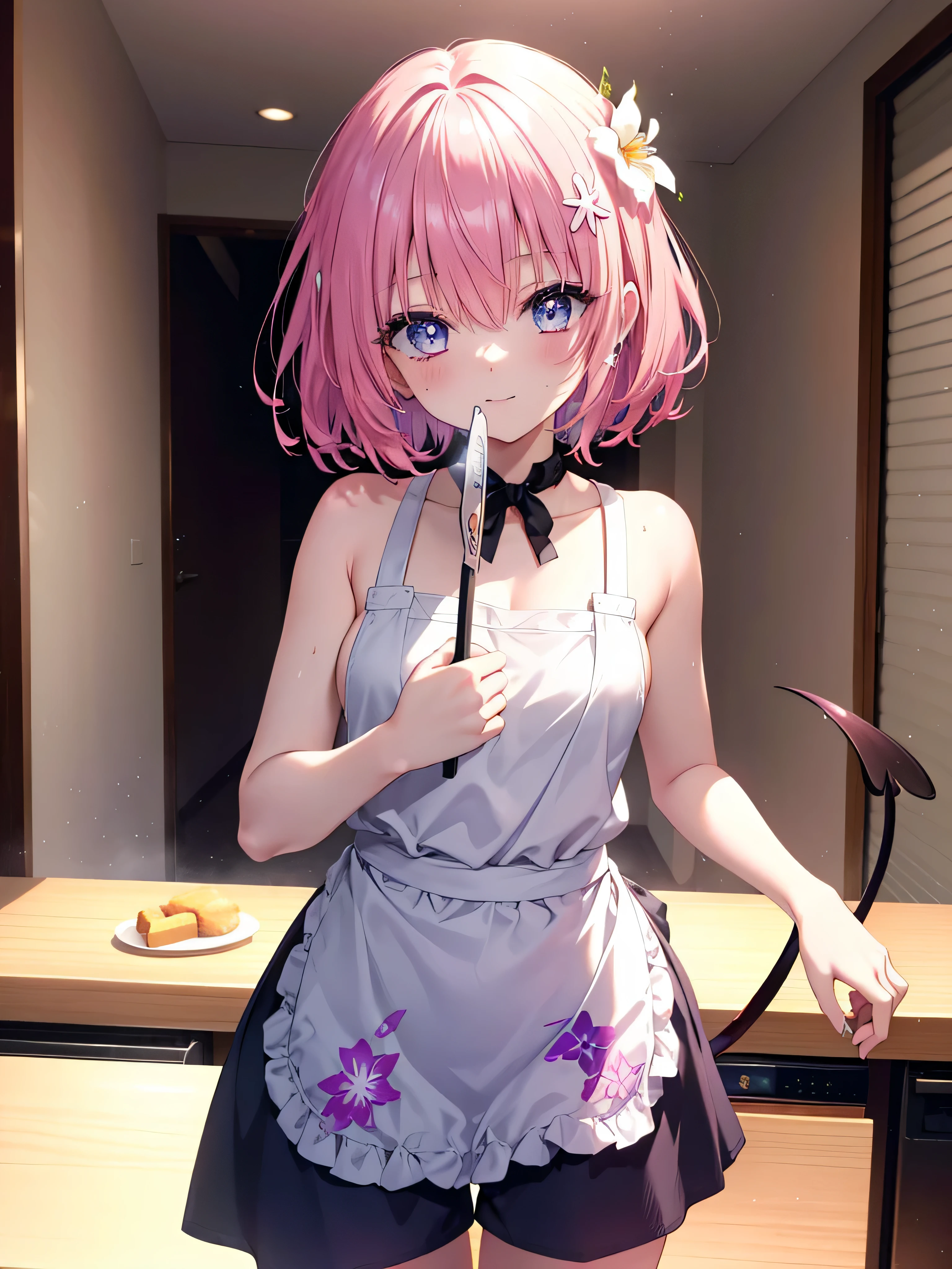 momomodel buildinguke, Deviluke Type, demon tail, Hair Flowers, hair ornaments, (Purple eyes:1.1),smile,blush,Happy atmosphere,Open your mouth, Pink Hair, short hair, tail, smile,Tank top,Bare neck,Shorts,apron,barefoot,cook in the kitchen、Cooking pasta in a frying pan break indoors, kitchen,
break looking at viewer, (Cowboy Shot:1.5),
break (masterpiece:1.2), highest quality, High resolution, unity 8k wallpaper, (shape:0.8), (beautiful detailed eyes:1.6), extremely detailed face, Perfect lighting, extremely detailed CG, (Perfect hands, Perfect Anatomy),