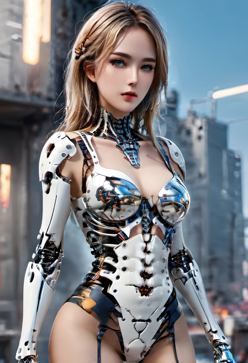 ((masterpiece, highest quality, Highest image quality, High resolution, photorealistic, Raw photo, 8K)), Abandoned robot soldier on battlefield, broken and immobile, rust and moss showing passage of time, female cyborg body, Blonde, female body, biomechanical , extra detailed body, blowjob white mech, white biomechanical details, detailed body, shiny white armor, cybernetic body, eva unit-00 on back, full body details, destroyed city in the background