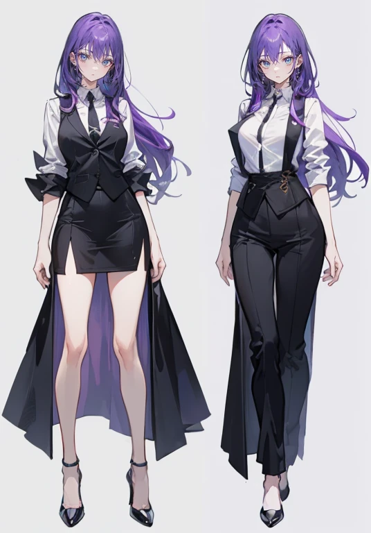 ((Perfect Face)),Purple Hair,voluminous long hair,1 female,bartender,suit,Black vest,Shirt with rolled up sleeves,tie,slit,High heels,,((Simple Background)),smile,((whole body)),((whole body)),Portraiture,virtual,upright,,Both arms are down,Standing upright with face and body facing forward,