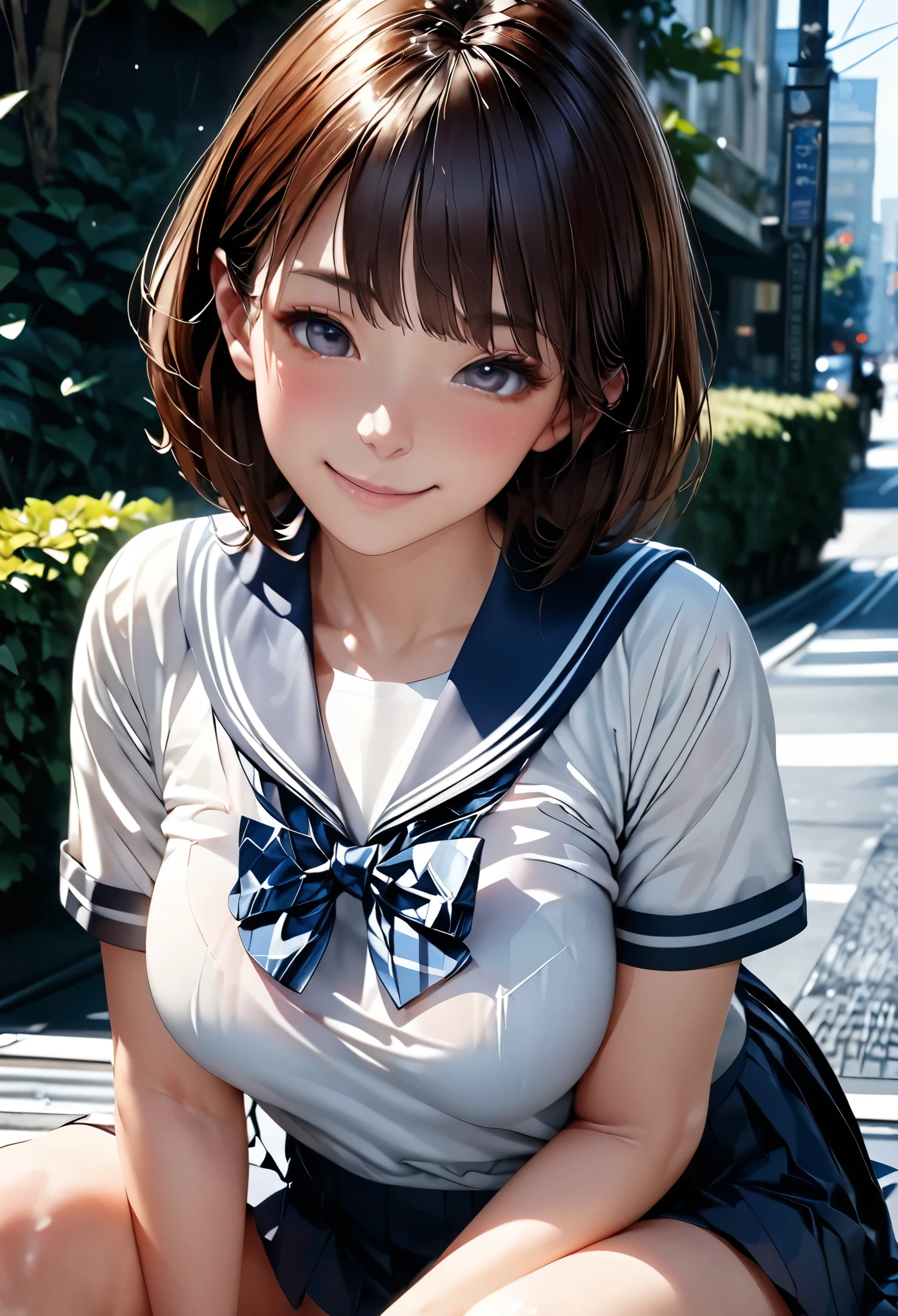 (masterpiece:1.3), (8k、Realistic, RAW Photos, highest quality:1.2), (alone), (1 girl), (cute:1.3), (Very beautiful 14 year old Japanese girl), Symmetrical perfect face, nice smile, Red cheeks, (Skin with attention to detail: 1.2), Photorealistic Anime Girl Rendering, Realistic anime 3D style, beautiful brown hair bob cut, Intense black eyes, Strong eye highlights, (Accurate and natural normal size breasts), Perfect Anatomy, messy hair, (Sailor suit), ((Navy colored white short sleeve shirt, Girls&#39; High School ,  navy pleated skirt, navy blue plaid bow tie)), (Luxury silk bra and panties), Accurate Arm, Five Fingers, Accurate legs, morning, (Beautiful Landscape Background), (Downtown), On the bench, get up, Volumetric lighting, Soft Light, bright, neon, bright色