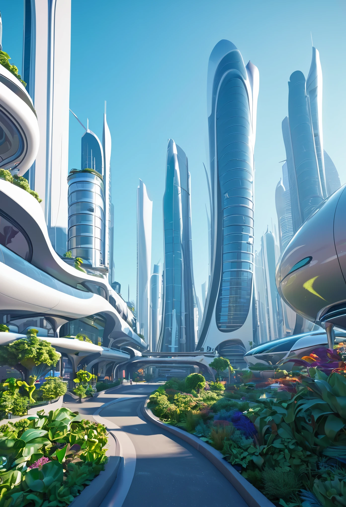 Super futuristic city in the morning - curvy, organic and lively toon shade
