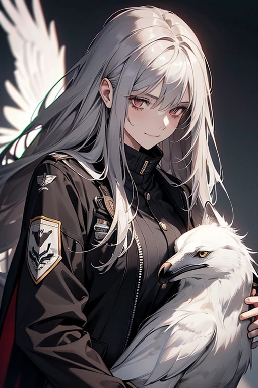 (Confused, High resolution, Very detailed), 1 female, Silver Hair,Long Hair,Reddish brown eyes,black pilot jacket,Black and white suit,20th Generation,Beautiful woman,A shy smile,thin,Are thin,quiet,Calm,Carrying a white crow,With the wolf,
