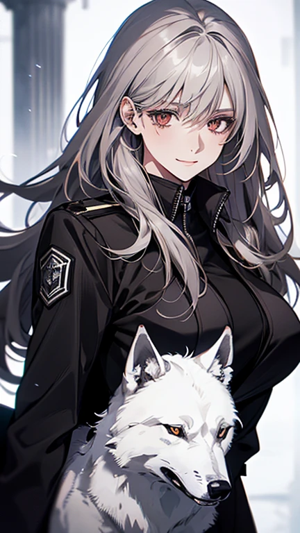 (Confused, High resolution, Very detailed), 1 female, Silver Hair,Long Hair,Reddish brown eyes,black pilot jacket,Black and white suit,20th Generation,Beautiful woman,A shy smile,thin,Are thin,quiet,Calm,Carrying the Wolf,With the wolf,