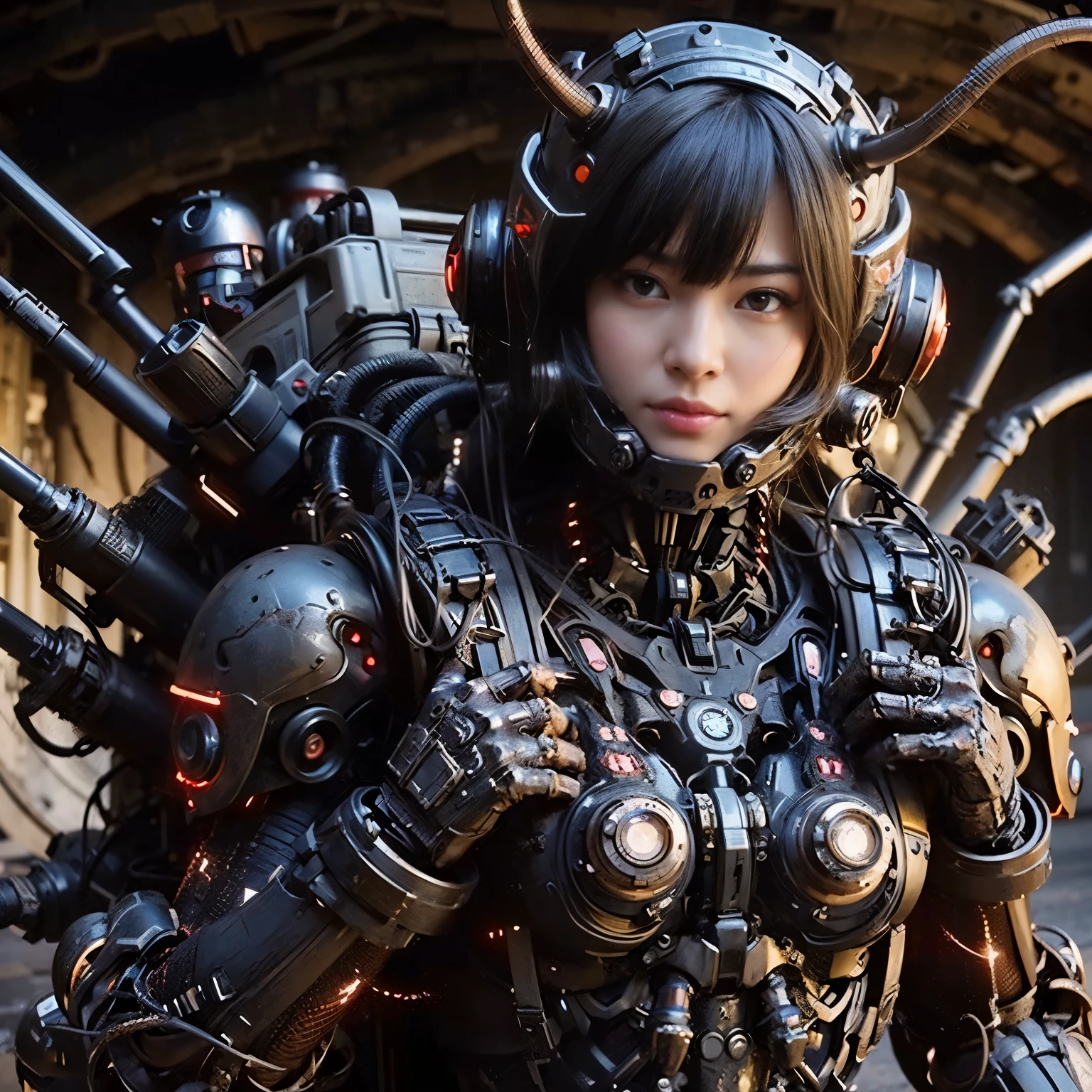 (masterpiece, Highest quality:1.2), (8k uhd, 16k, 32k, Ultra-high resolution), (Photorealistic:1.37), (RAW photo), 究極にReal, 究極にRealなディテール, 究極にRealな質感, Extremely intricate detail、(Mechanical armor inspired by the Zero fighter), Power Pipe, Hydraulic cylinder, Extremely intricate detail, Japanese female soldier in mechanical armor, Extremely cute face, Very beautiful face, Real, full body shot, Departure from the secret base, cyber punk