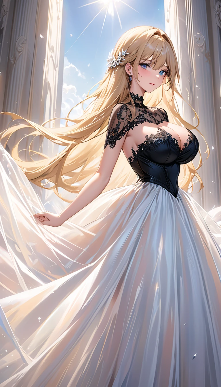 masterpiece:1.4,best-quality,Super Detail,Very Delicate and Beautiful, ( nsfw, 29 years old beautiful woman, blonde long hair ), very gigantic breasts, very slender, sheer ball gown, lace ball gown, see-through ball gown, black ball gown