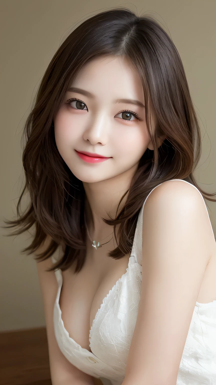 On the table, best quality, illustration, Super detailed, Fine details, high resolution, 8k wallpaper, Perfect dynamic composition, Beautiful and delicate eyes, summer women's clothing,Medium Length Hair,Natural color lips for small breasts, Bold sexy pose,Smile,Harajuku、20 year old girl、Lovely、Sexy shot looking at camera