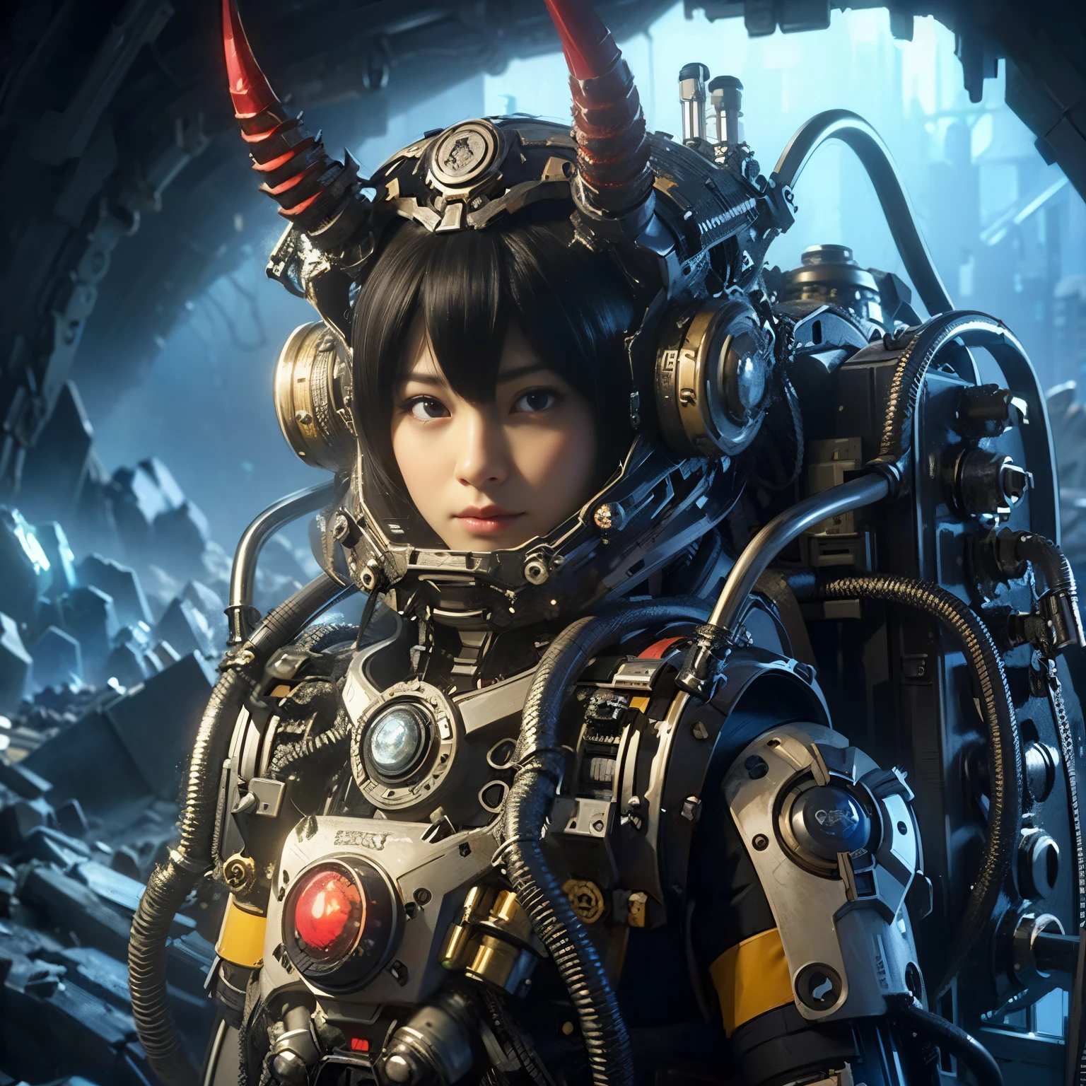 A spider-inspired mechanical backpack、devil、Strengthen the outer frame、Japanese women、Very beautiful face、full body shot、Realistic、Ultra-realistic、Super detailed、Extremely intricate details、Lighting that highlights the machine、Glossiness、Ruined metropolis background