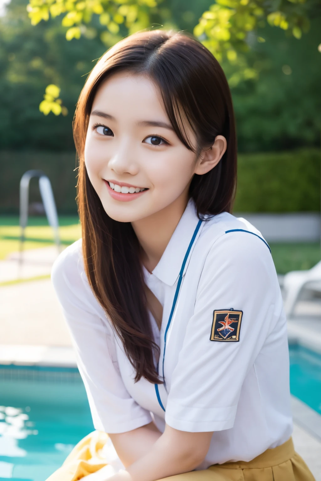 Girl and girl, ((uniform)), light smile, sitting, outdoor, pool,