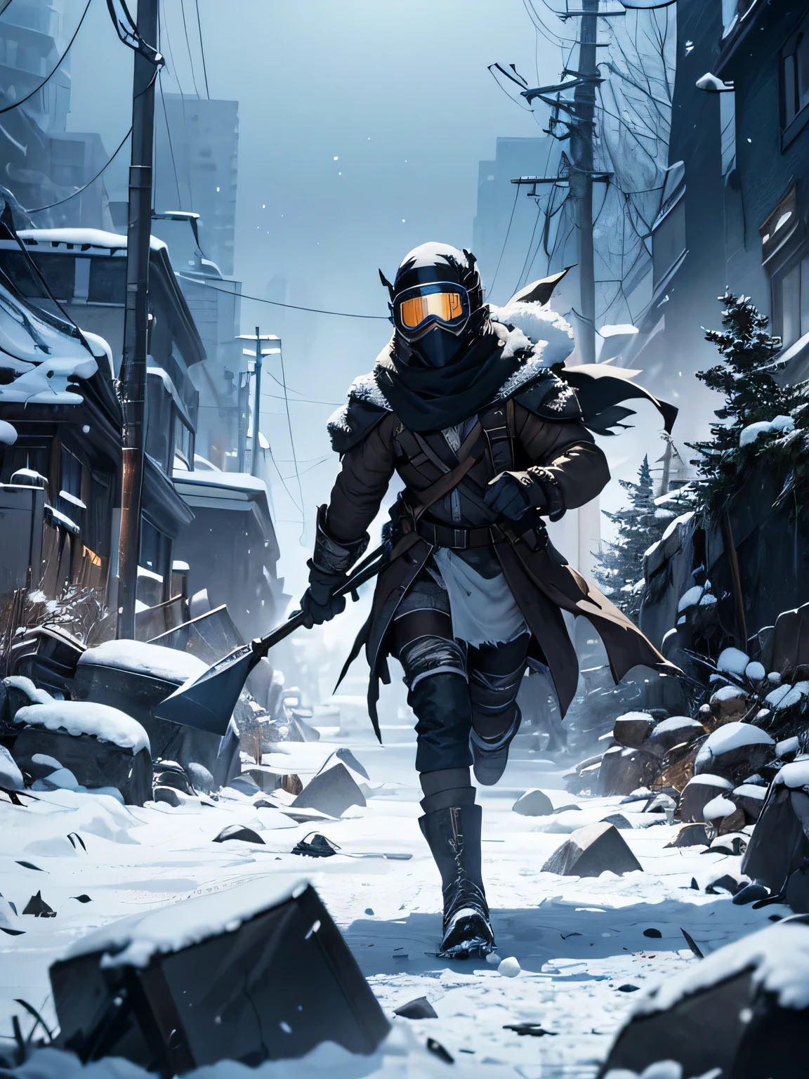Completely dark landscape of glass at night, rubble, snow, melted ground of glass, sharp splinters, shards everywhere, barbarians in white animal skins, keffiyehs, snow goggles, faces completely covered, running down steep slope with axes made of dark glass