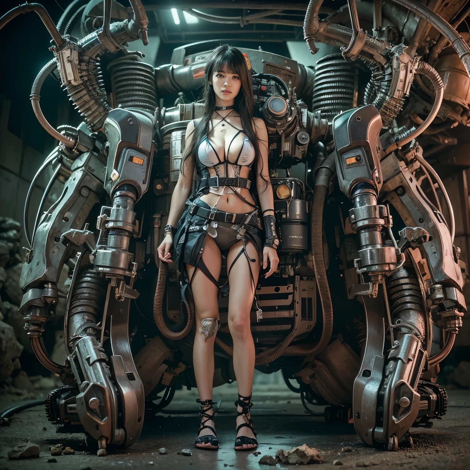 Mechanical backpack, demons, reinforced exoskeleton with insect references, heavy equipment, Japanese woman, very beautiful face, smiling face, full body shot, photorealistic, photorealistic, ultra realistic, ultra detailed, ultimate intricate details, lighting highlighting machinery, glossy, cave with a suspicious atmosphere