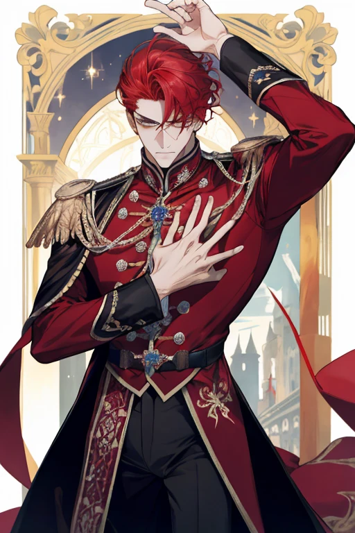 ((obra-prima: 1.2, melhor qualidade)), 4k, adulto, 1 homem, masculino, maduro, envelhecido, muito alto, Muscles, ombros largos, longos cabelos ruivos, mago, manto vermelho, paisagem, vento forte, big red hair, grande cabelo vermelho, large red hairs, olhos negros