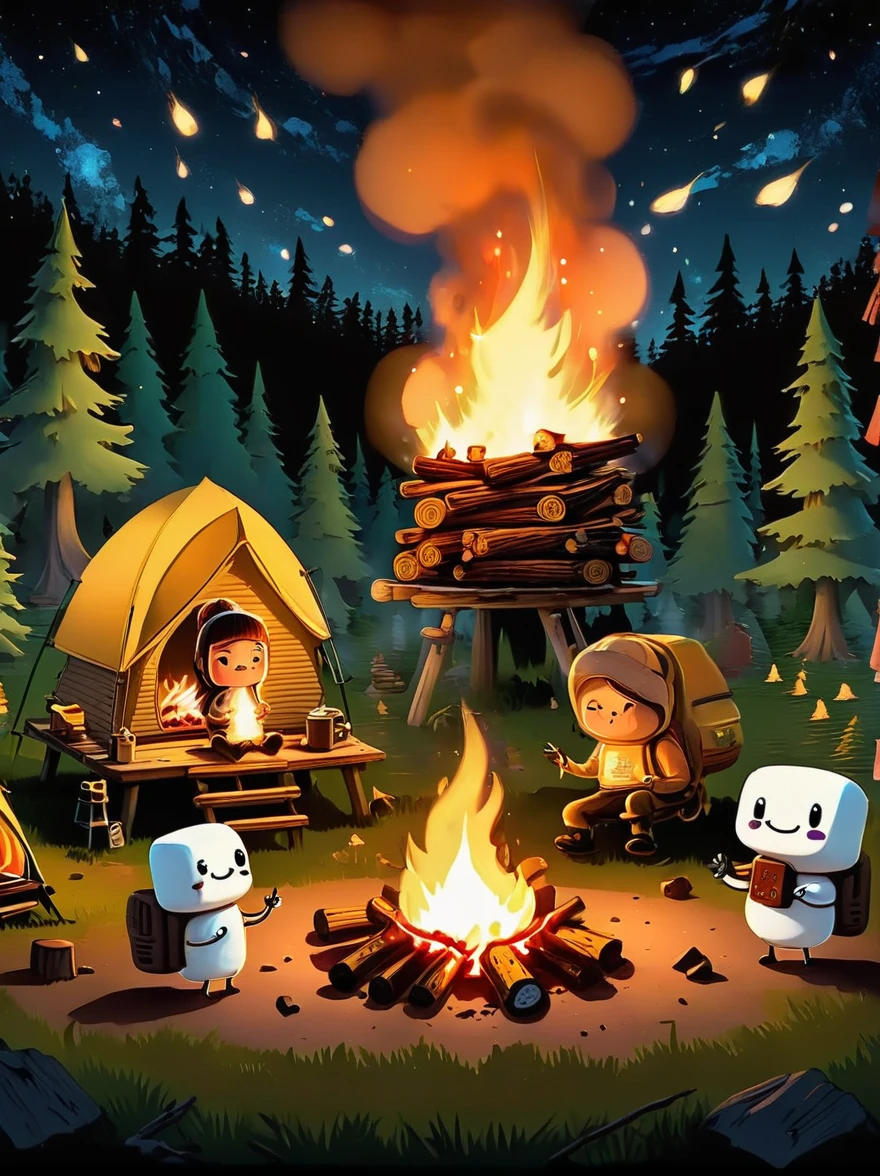 A vibrant, animated scene set in a camping ground under a star-studded night sky. In the middle of the site, there is a glowing bonfire with logs sitting in a stack nearby. Dancing around this fire are adorable little characters that greatly resemble smores, having marshmallow bodies, chocolate hair and graham cracker clothing. These cartoonish smores are engaged in various camping activities. Some are playfully chasing each other, some are sitting and telling humorous stories, while others are engaging in a game of tag. The whole area is lit by the flickering glow of the fire, which adds warmth and coziness to the whimsical scene.