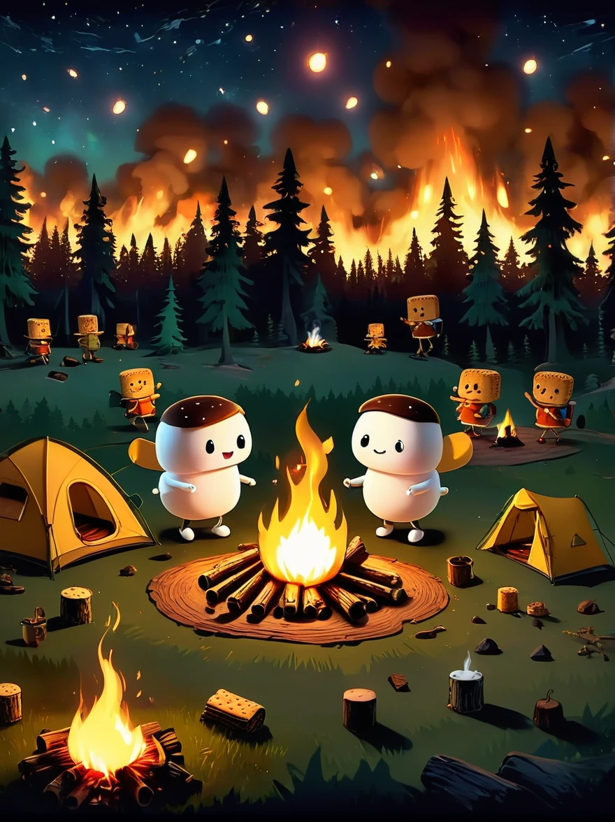 A vibrant, animated scene set in a camping ground under a star-studded night sky. In the middle of the site, there is a glowing bonfire with logs sitting in a stack nearby. Dancing around this fire are adorable little characters that greatly resemble smores, having marshmallow bodies, chocolate hair and graham cracker clothing. These cartoonish smores are engaged in various camping activities. Some are playfully chasing each other, some are sitting and telling humorous stories, while others are engaging in a game of tag. The whole area is lit by the flickering glow of the fire, which adds warmth and coziness to the whimsical scene.