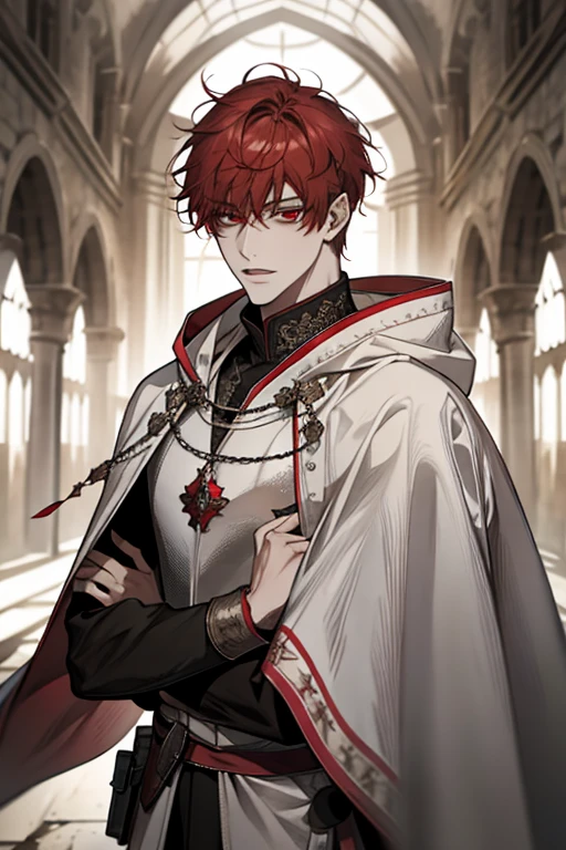 male, Red short hair with bangs, red eyes, adult face, adult, white hood and shroud, handsome, medieval fantasy, ruins, sorcerer, looking at viewer