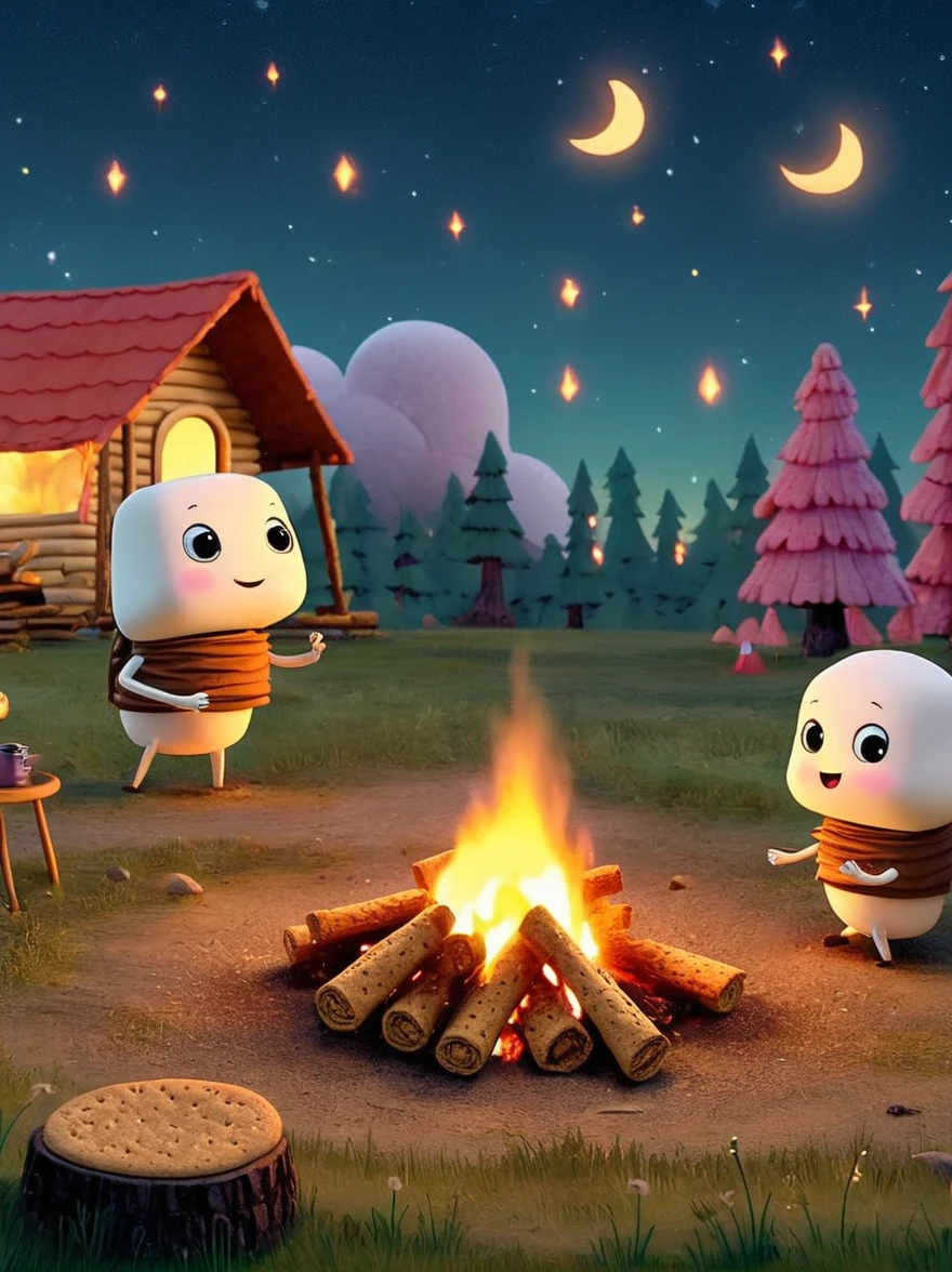 A vibrant, animated scene set in a camping ground under a star-studded night sky. In the middle of the site, there is a glowing bonfire with logs sitting in a stack nearby. Dancing around this fire are adorable little characters that greatly resemble smores, having marshmallow bodies, chocolate hair and graham cracker clothing. These cartoonish smores are engaged in various camping activities. Some are playfully chasing each other, some are sitting and telling humorous stories, while others are engaging in a game of tag. The whole area is lit by the flickering glow of the fire, which adds warmth and coziness to the whimsical scene.