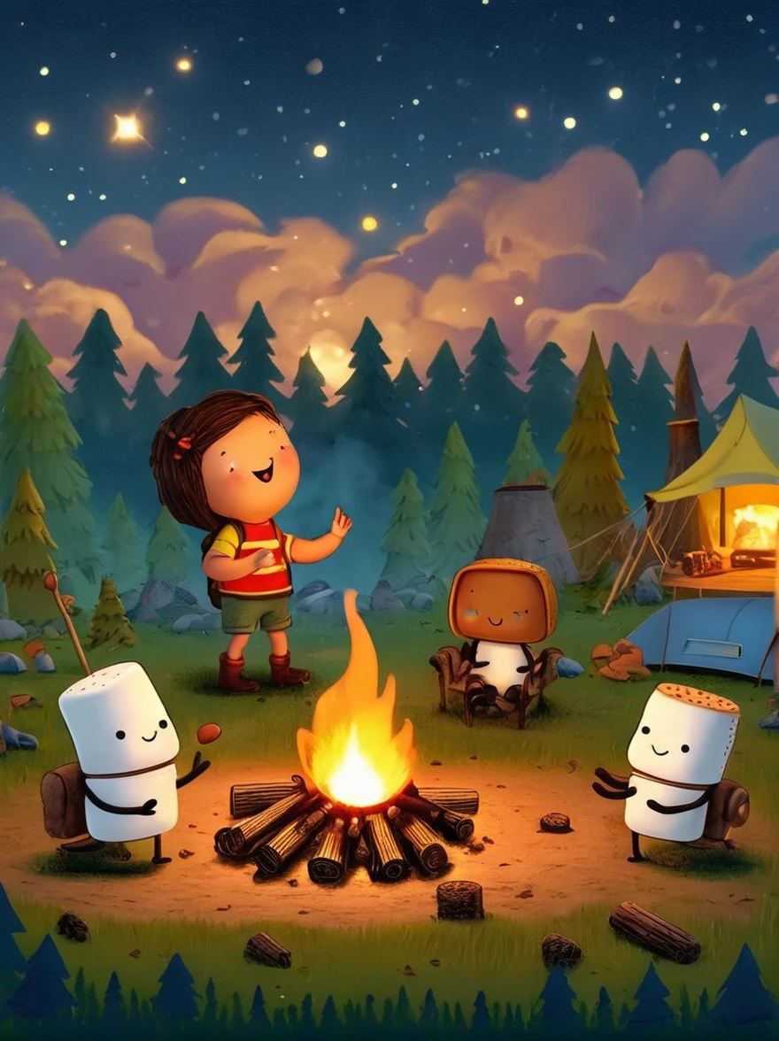 A vibrant, animated scene set in a camping ground under a star-studded night sky. In the middle of the site, there is a glowing bonfire with logs sitting in a stack nearby. Dancing around this fire are adorable little characters that greatly resemble smores, having marshmallow bodies, chocolate hair and graham cracker clothing. These cartoonish smores are engaged in various camping activities. Some are playfully chasing each other, some are sitting and telling humorous stories, while others are engaging in a game of tag. The whole area is lit by the flickering glow of the fire, which adds warmth and coziness to the whimsical scene.