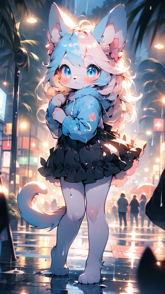 Solitary, Ultra Detailed, Pretty and beautiful, fair, masterpiece, best quality, Calming color palette, peaceful mood, Pastel tones,kitten，White fluff，Fluffy white ears white tail，blush blush，HD Wallpapers，16k resolution，Deep, powerful blue eyes，fluffy tail，Pink cat ears，Plush body，paw,furry,Fluffy all over，Long legs，blush,rain