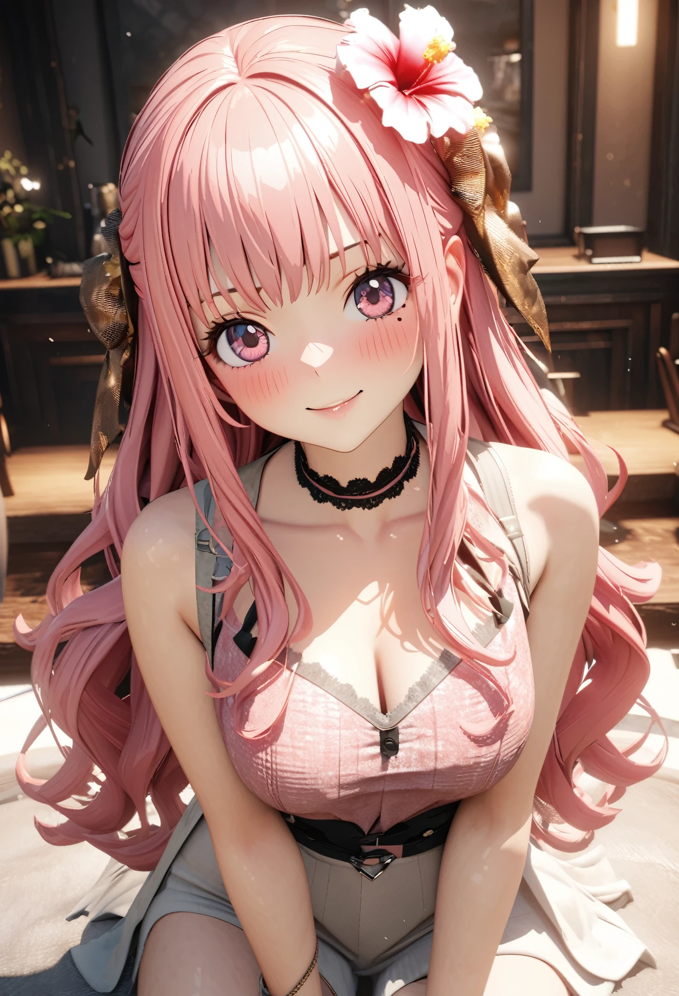 masterpiece, highest quality, Very detailed, High resolution, An expensive solution, High resolution, 4K, 8k, unity 8k wallpaper, Very detailed CG, masterpiece, 2D, 3D, Beautiful details, depth, Fine texture, highest quality: 1.3, Total concentration, Crisp skin, he, Very cute anime rabbit, A cute rabbit like an idol, expensive pink long hair, One Girl, Aloha One Piece, morning, morning食, hibiscus hair accessory, Smiling long pink hair, whole body, Mole under the eye, Line Sight, expensive, blush, Lips parted, heart, Pink Eyes, choker