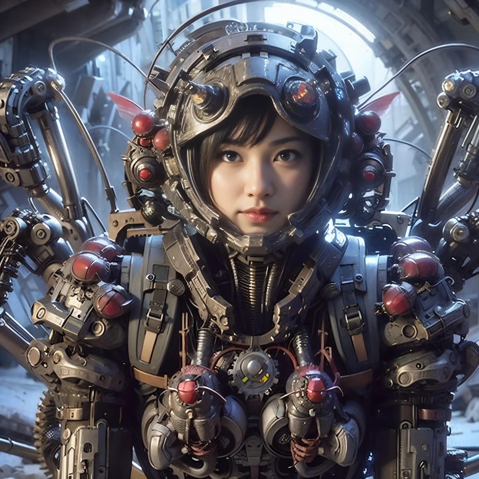 A spider-inspired mechanical backpack、devil、Strengthen the outer frame、Japanese women、Very beautiful face、full body shot、Realistic、Ultra-realistic、Super detailed、Extremely intricate details、Lighting that highlights the machine、Glossiness、Ruined metropolis background