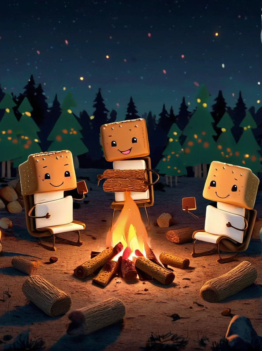 A vibrant, animated scene set in a camping ground under a star-studded night sky. In the middle of the site, there is a glowing bonfire with logs sitting in a stack nearby. Dancing around this fire are adorable little characters that greatly resemble smores, having marshmallow bodies, chocolate hair and graham cracker clothing. These cartoonish smores are engaged in various camping activities. Some are playfully chasing each other, some are sitting and telling humorous stories, while others are engaging in a game of tag. The whole area is lit by the flickering glow of the fire, which adds warmth and coziness to the whimsical scene.