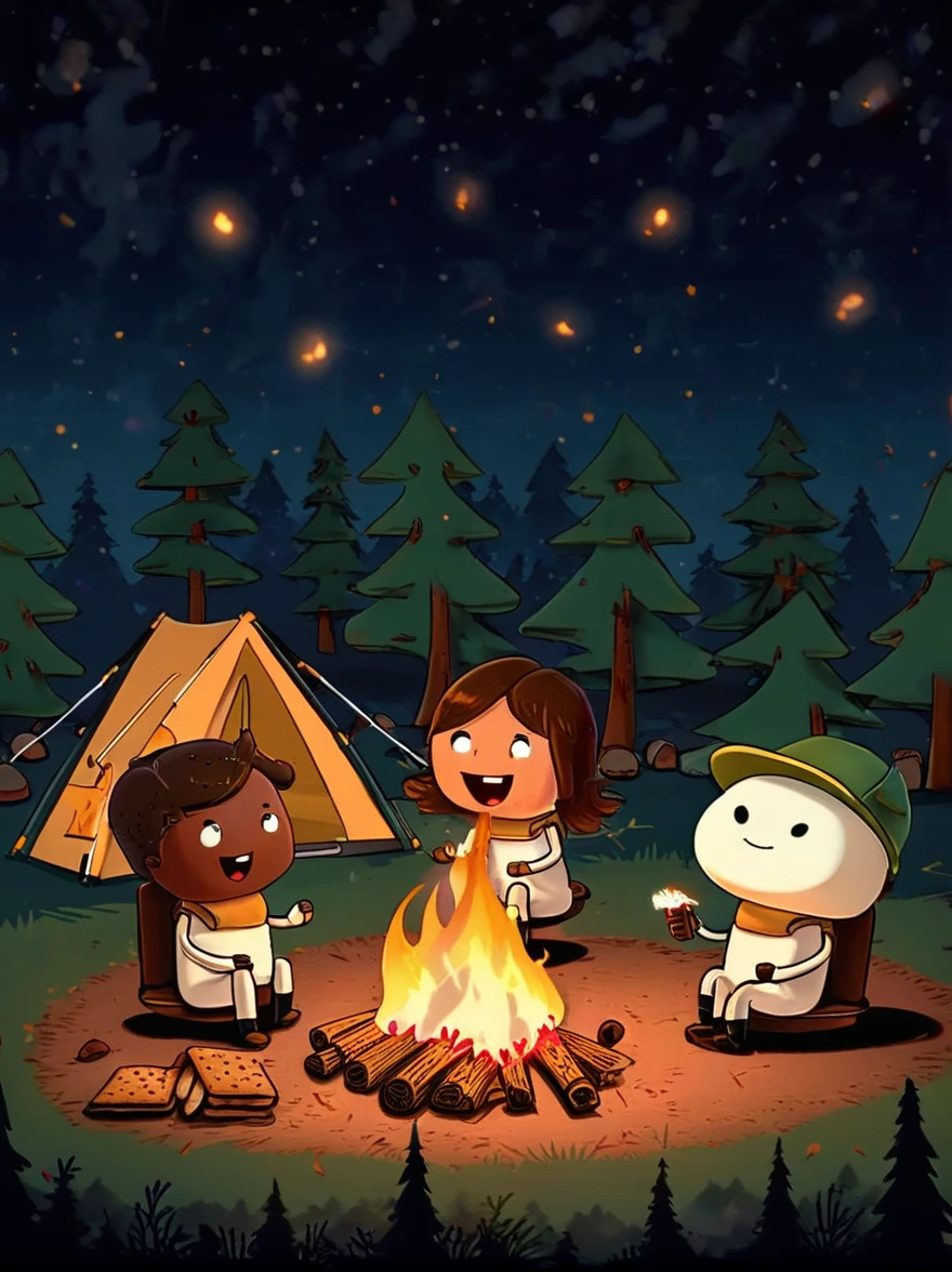 A vibrant, animated scene set in a camping ground under a star-studded night sky. In the middle of the site, there is a glowing bonfire with logs sitting in a stack nearby. Dancing around this fire are adorable little characters that greatly resemble smores, having marshmallow bodies, chocolate hair and graham cracker clothing. These cartoonish smores are engaged in various camping activities. Some are playfully chasing each other, some are sitting and telling humorous stories, while others are engaging in a game of tag. The whole area is lit by the flickering glow of the fire, which adds warmth and coziness to the whimsical scene.