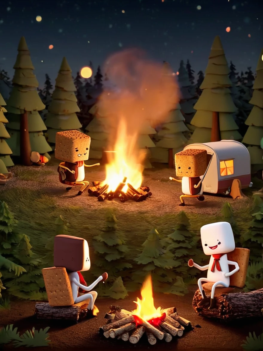 A vibrant, animated scene set in a camping ground under a star-studded night sky. In the middle of the site, there is a glowing bonfire with logs sitting in a stack nearby. Dancing around this fire are adorable little characters that greatly resemble smores, having marshmallow bodies, chocolate hair and graham cracker clothing. These cartoonish smores are engaged in various camping activities. Some are playfully chasing each other, some are sitting and telling humorous stories, while others are engaging in a game of tag. The whole area is lit by the flickering glow of the fire, which adds warmth and coziness to the whimsical scene.