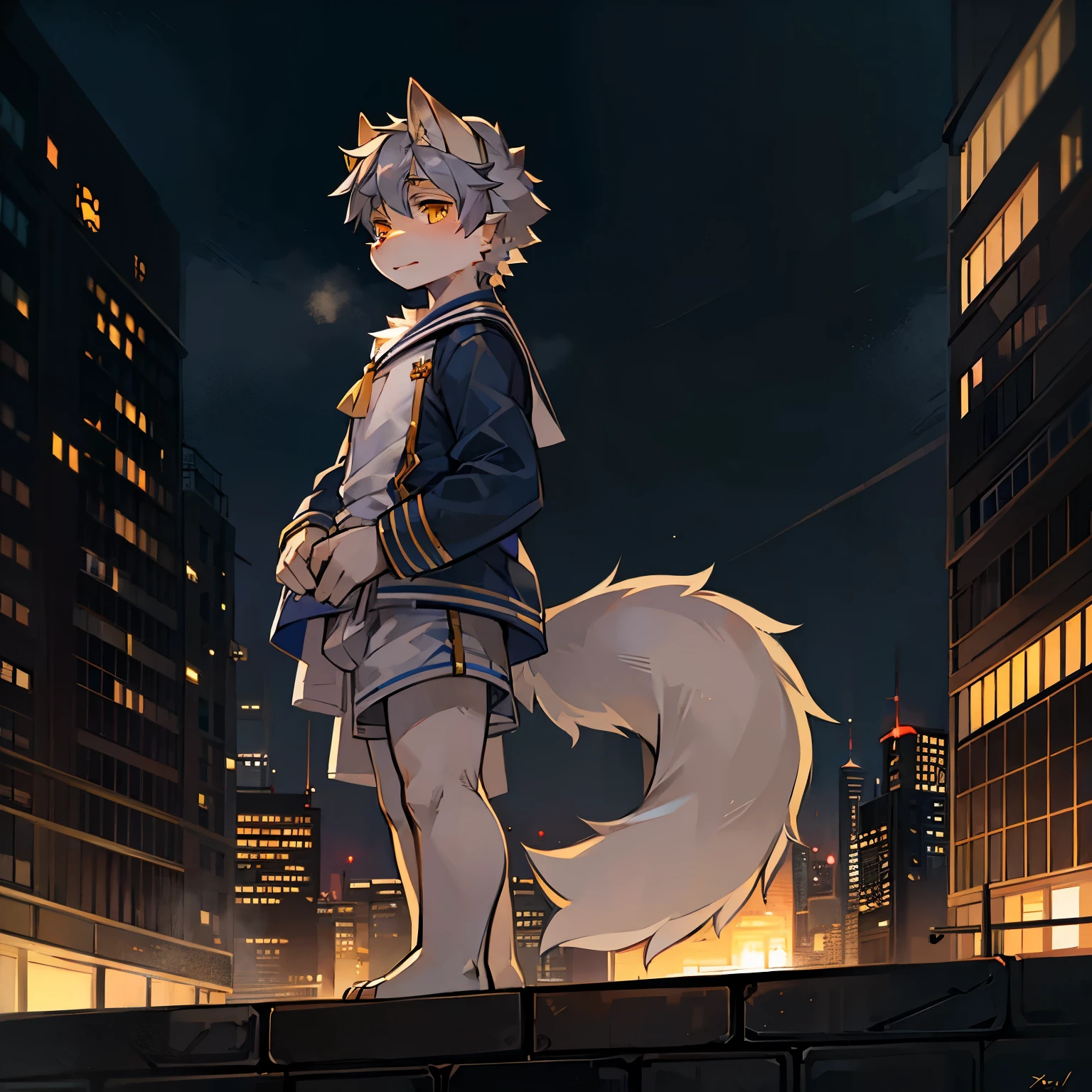 Bright outside,wolf boy,Male focus,furry men,Characteristics of a -year-boy,Ometer three height,Golden Eyes,Gray skin,Sailor Suit,Sailor Shorts,Sailor hat,city bright background