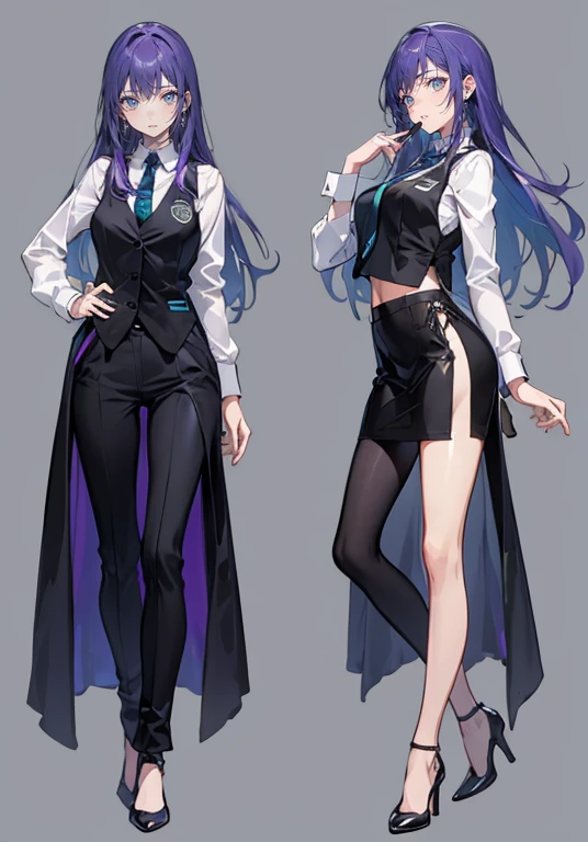 ((Perfect Face)),Purple Hair,voluminous long hair,1 female,bartender,suit,Black vest,Shirt with rolled up sleeves,tie,slit,High heels,,((Simple Background)),smile,((whole body)),((whole body)),Portraiture,virtual,upright,,Both arms are down,Standing upright with face and body facing forward,