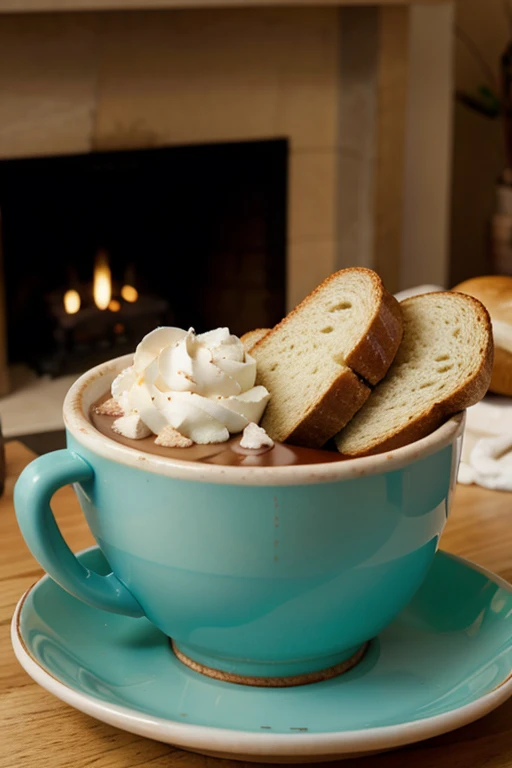 A realistic looking photograph of a loaf of bread dipped in a cup of hot chocolate