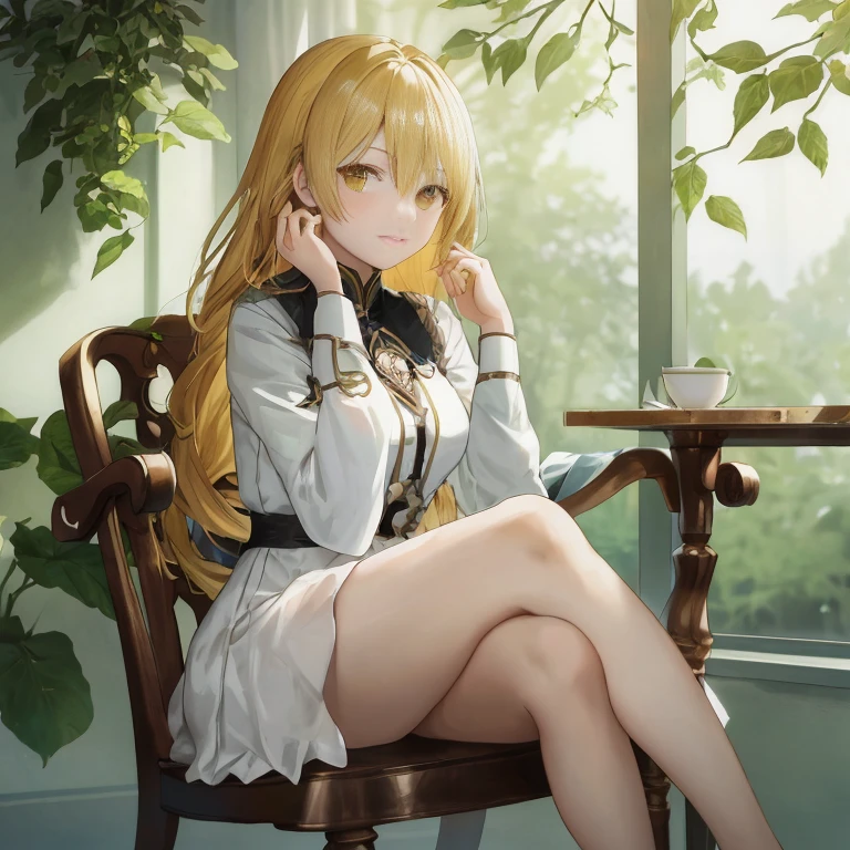 anime girl sitting on a chair in front of a window, blonde anime girl with long hair, cushart krenz key art feminine, smooth anime cg art, fine details. girls frontline, from girls frontline, seductive anime girl, cute anime waifu in a nice dress, royal elegant pose, attractive anime girl, beautiful anime girl, anime visual of a cute girl