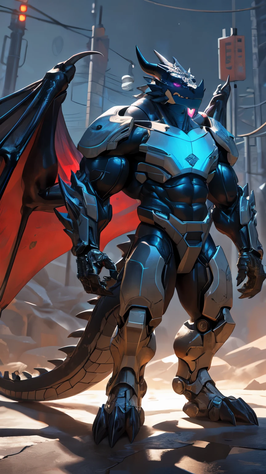 An advanced bionic mech, cybrog, anthro, dragon, male, full body, Muscle, Delicate face, Delicate eyes, 1 tail, (glowing LED), energy, digitigrade, outdoors, extremely detailed CG unity 8k wallpaper, realistic, masterpiece, highest quality, lens flare, unreal engine, trending on ArtStation, Intricate, High Detail, dramatic, realism, beautiful and detailed lighting, shadows, black scales, rubber goo body, wings, evil looking, crimson glowing eyes, black armor, futuristic armor, heavy armor, snout-cover armored mask, muscular wings, bodybuilder-like physique, muscule-shaped armor, evil master