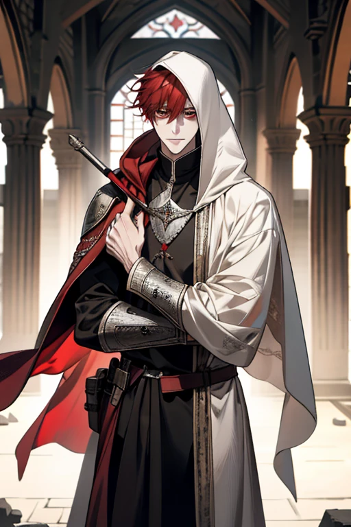 male, Red short hair with bangs, red eyes, adult face, adult, white hood and shroud, handsome, medieval fantasy, ruins, sorcerer, looking at viewer