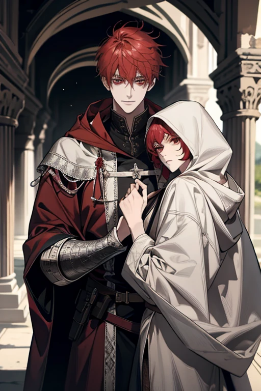 male, Red short hair with bangs, red eyes, adult face, adult, white hood and shroud, handsome, medieval fantasy, ruins, sorcerer, looking at viewer