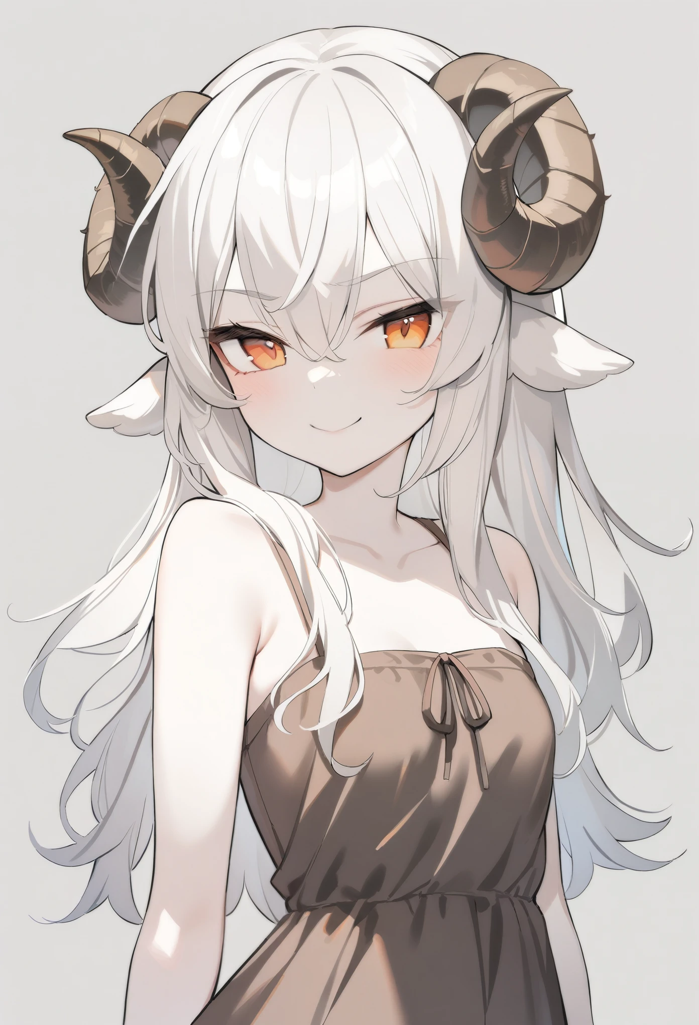 1girl, solo, Monstergirl, sheep horns, curled horns, sheep ears, white hair, long hair, messy hair, long bangs, pale skin, orange eyes, smile, smug, stoic, small breasts, standing, (dark brown dress, sundress), (gray background, simple background), upper body, masterpiece, best quality