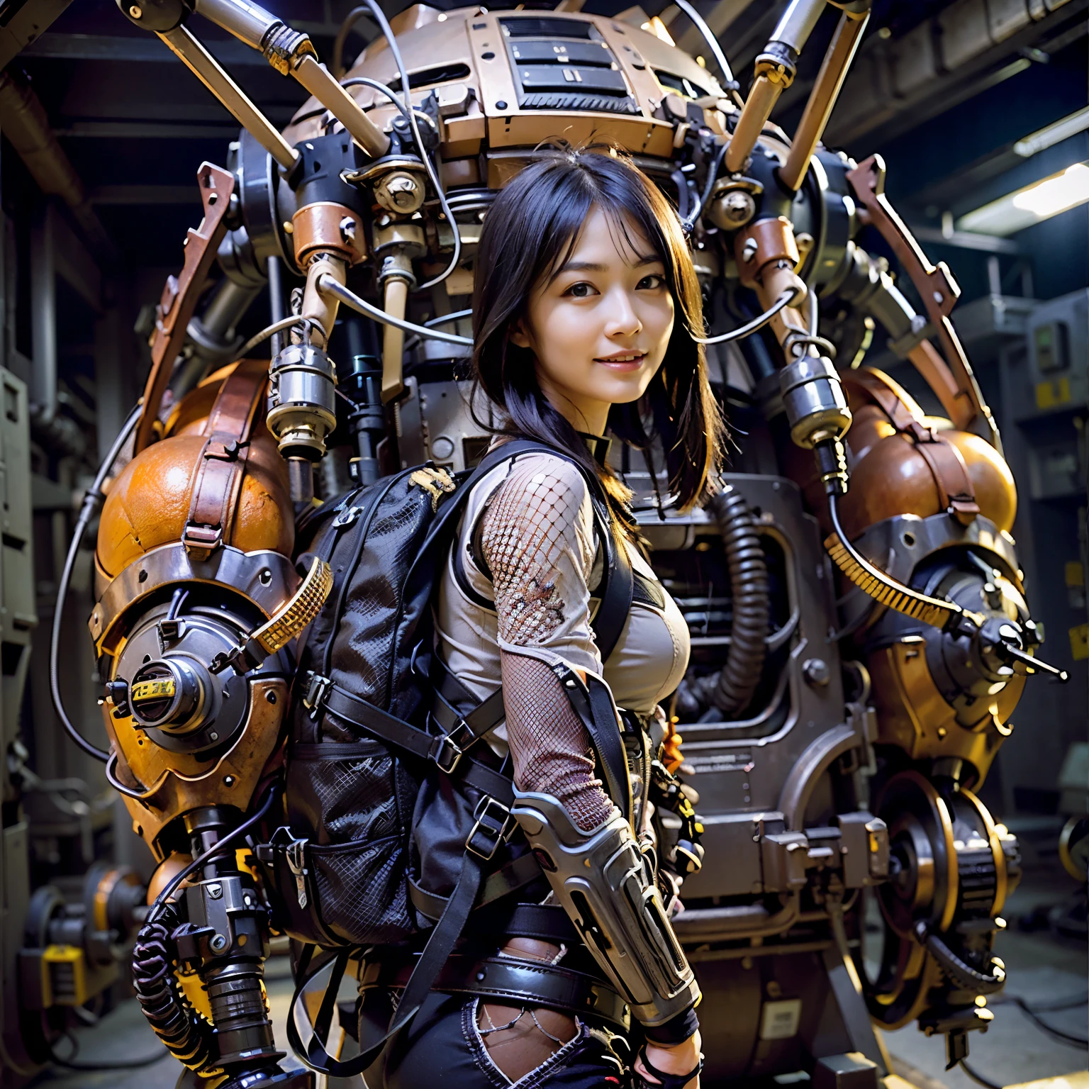 Mechanical backpack, demons, reinforced exoskeleton with insect references, heavy equipment, Japanese woman, very beautiful face, smiling face, full body shot, photorealistic, photorealistic, ultra realistic, ultra detailed, ultimate intricate details, lighting highlighting machinery, glossy, cave with a suspicious atmosphere
