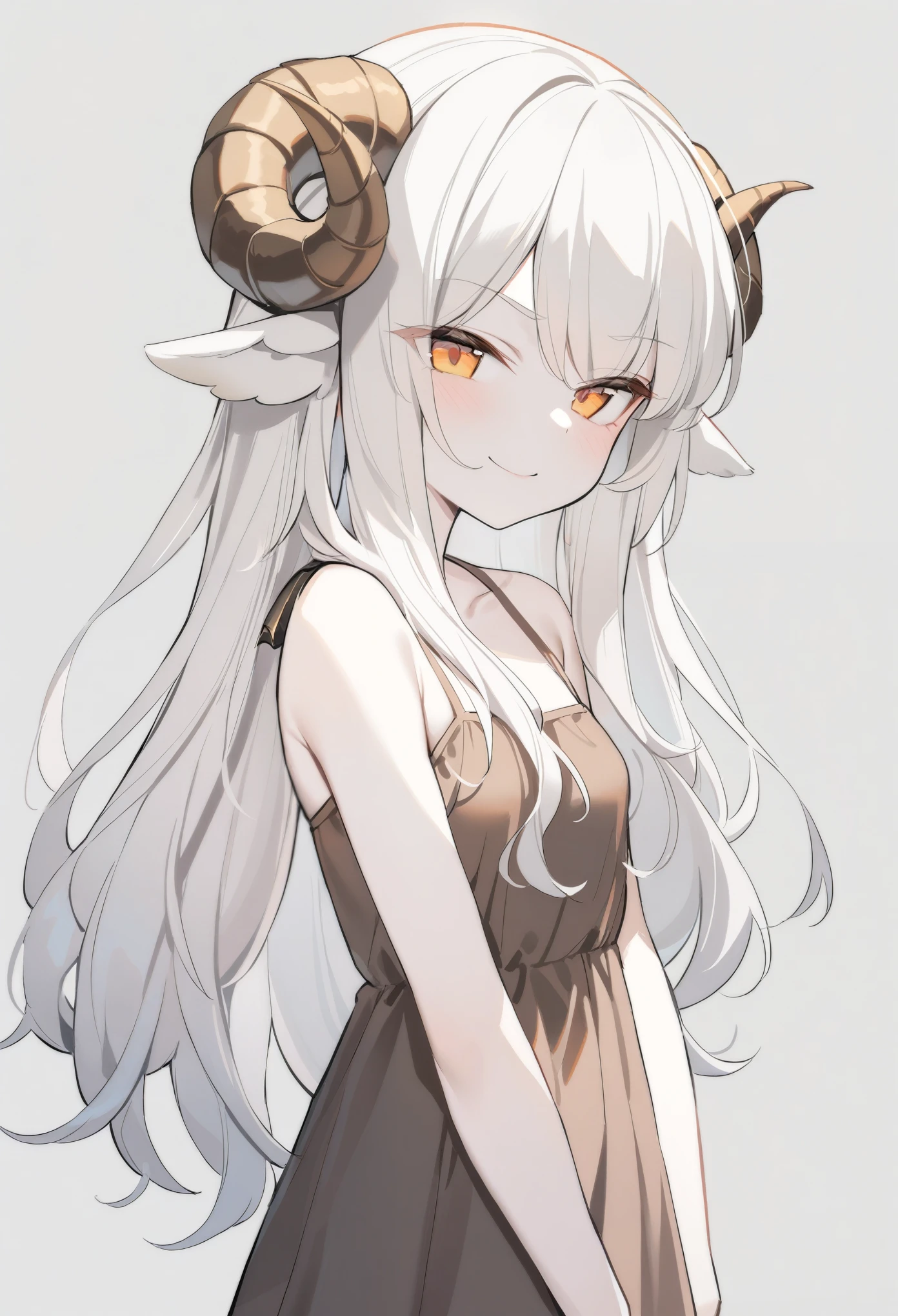 1girl, solo, Monstergirl, sheep horns, curled horns, sheep ears, white hair, long hair, messy hair, long bangs, pale skin, orange eyes, smile, smug, stoic, small breasts, standing, (dark brown dress, sundress), (gray background, simple background), upper body, masterpiece, best quality