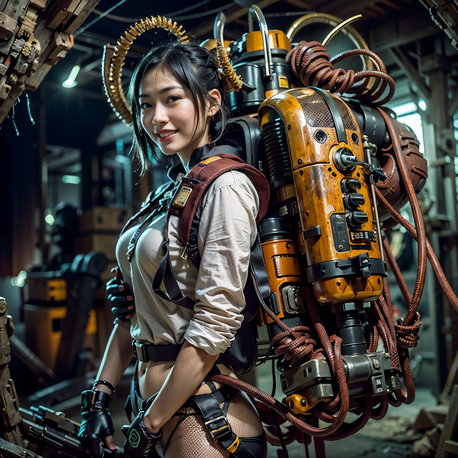 Mechanical backpack, demons, reinforced exoskeleton with insect references, heavy equipment, Japanese woman, very beautiful face, smiling face, full body shot, photorealistic, photorealistic, ultra realistic, ultra detailed, ultimate intricate details, lighting highlighting machinery, glossy, cave with a suspicious atmosphere