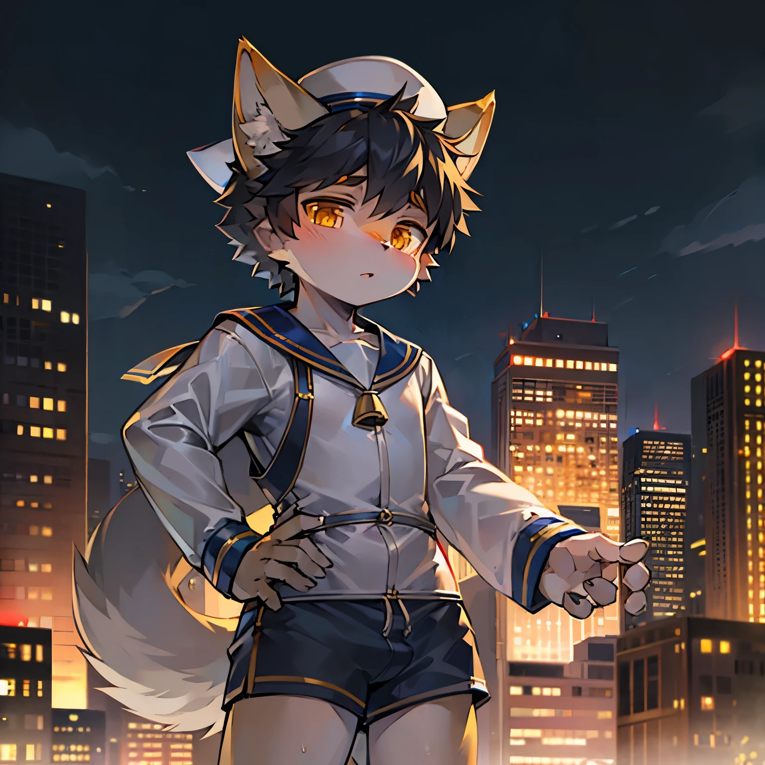Bright outside，wolf boy，Male focus，furry men，Characteristics of a three-year-old boy，One meter three height，Golden Eyes，Gray skin，Sailor Suit，Sailor Shorts，Sailor hat，city bright background