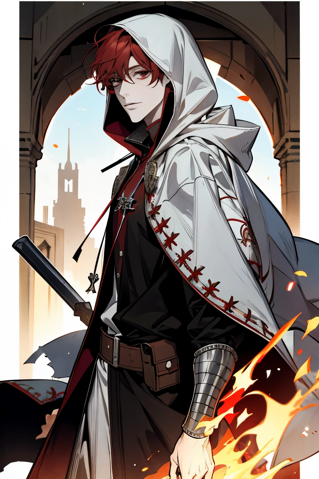 male, Red short hair with bangs, red eyes, adult face, adult, white hood and shroud, handsome, medieval fantasy, ruins, sorcerer, looking at viewer