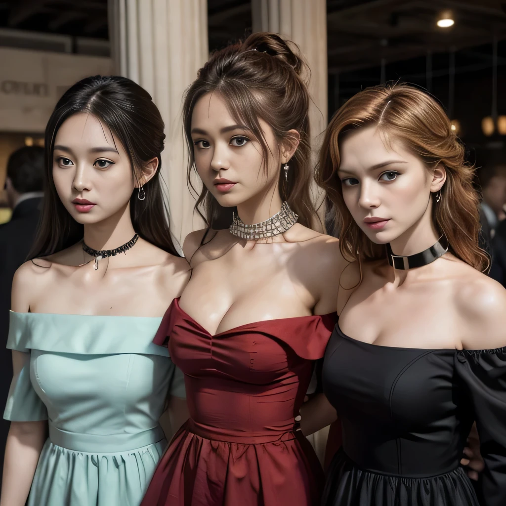 off-shoulder dress, 3 womans, deep cleavage,  crowd, wild hair, restrained, steel collar