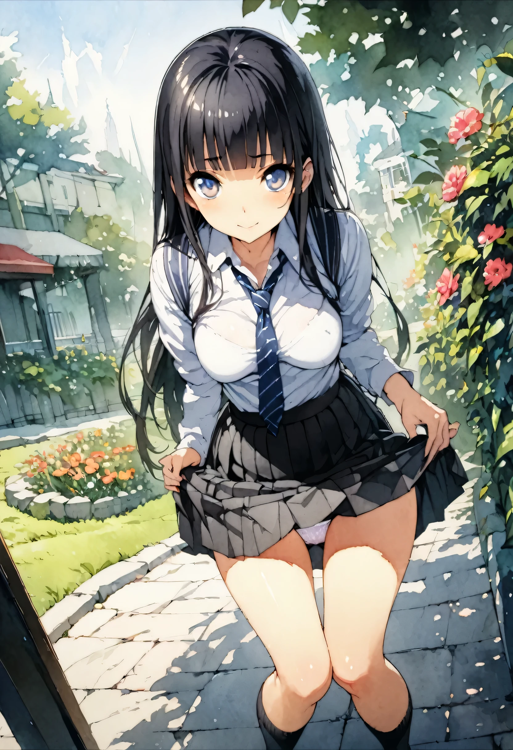 (masterpiece:1.3), (best quality:1.2), (illustration:1.2), (ultra detailed:1.2), (pixiv:1.4),
ultra high res, watercolor, garden,skirt lift,upper body,, incredibly absurdres, huge filesize, ultra-detailed, highres, extremely detailed CG unity 8k wallpaper, CG,masterpiece, (((best quality))), ((ultra-detailed)), (perfect anatomy:1.4),(beautiful eyes:1.4), solo,(early girl:1.3),medium breasts,(cute face:1.2),(long straight black hair with blunt bangs:1.2),(school uniform with shirt and skirt:1),she is standing and her panties are pulled down to her knees,,(zettai ryouiki with black socks:1.3),(smile:0.6),
(masterpiece:1.3), (best quality:1.2), (illustration:1.2), (ultra detailed:1.2), (pixiv:1.4),
ultra high res, watercolor, (masterpiece, best quality),