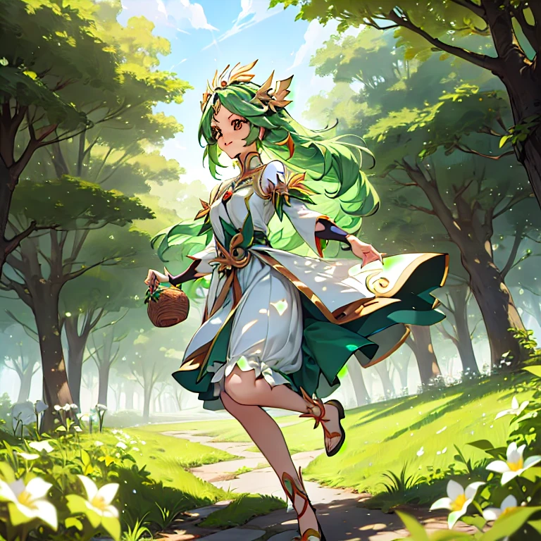 anime girl in a dress running in a park with a basket, fey queen of the summer forest, lady palutena, the non-binary deity of spring, palutena, astri lohne, cushart krenz key art feminine, anime lush john 8k woods, goddess of spring, official artwork, smiling as a queen of fairies