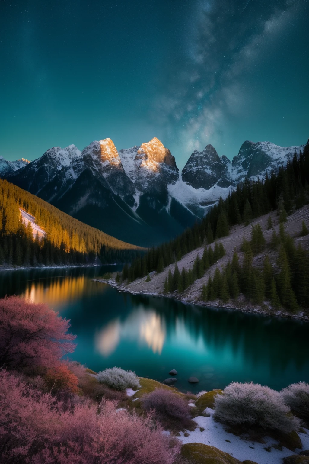 Stunning green wallpaper, 8K resolution, showcases the breathtaking beauty of serene mountains under the cover of night. The intricate details of the craggy peaks are vividly captured in 4K, revealing every textured crevice and contour. The night sky above is a canvas of twinkling stars, their light dancing amongst the darkness. Each detail is meticulously rendered, making this image a true masterpiece and a feast for the eyes. The best quality, raw photography captures the essence of tranquility and wonder, transporting you to a place of peace and relaxation. (optional: heavy use of blues and purples to represent the night sky, soft focus on the mountains