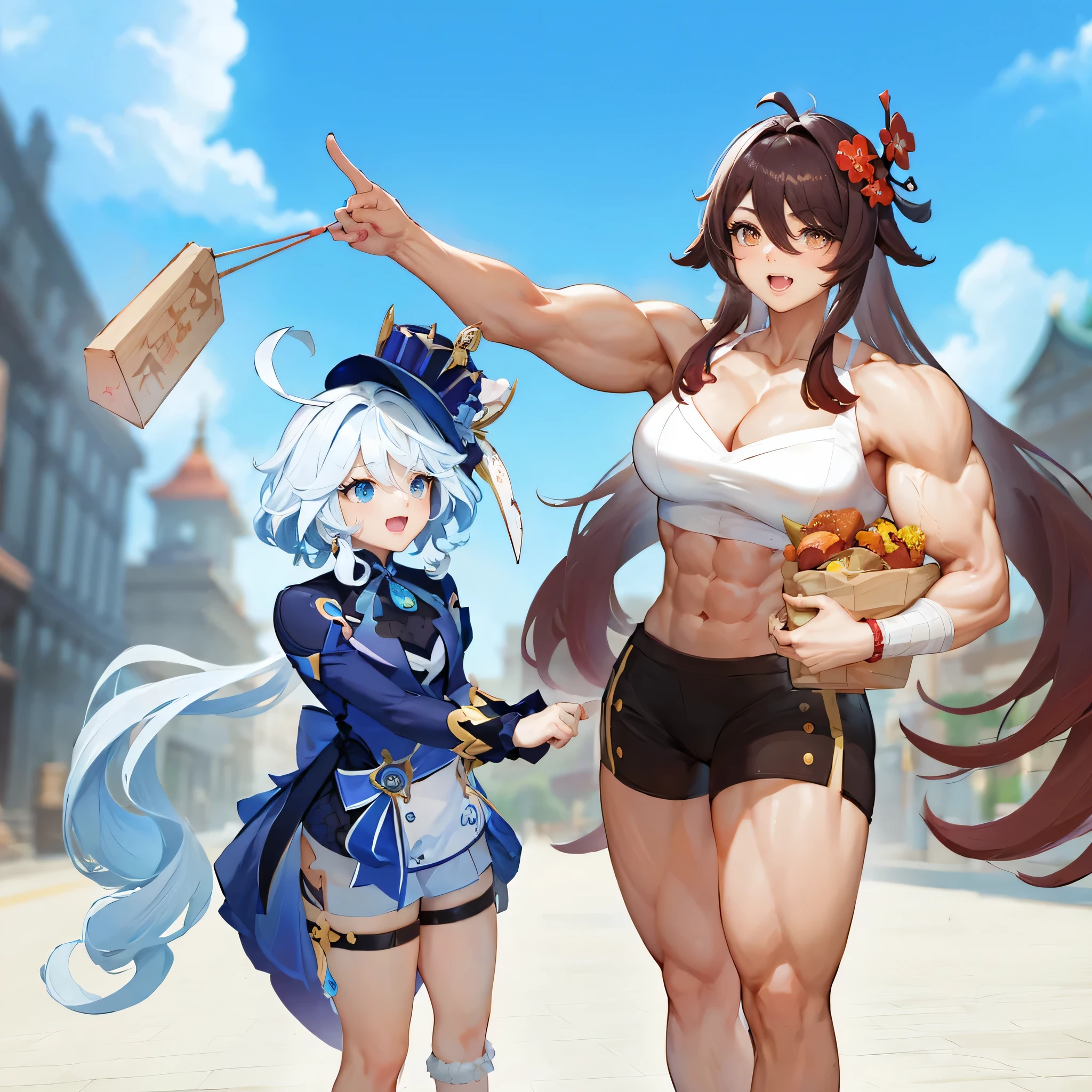 2girls,muscular female,shopping, furina hu tao (genshin impact),dress, alternate muscle size, biceps,best quality,muscular,happy,