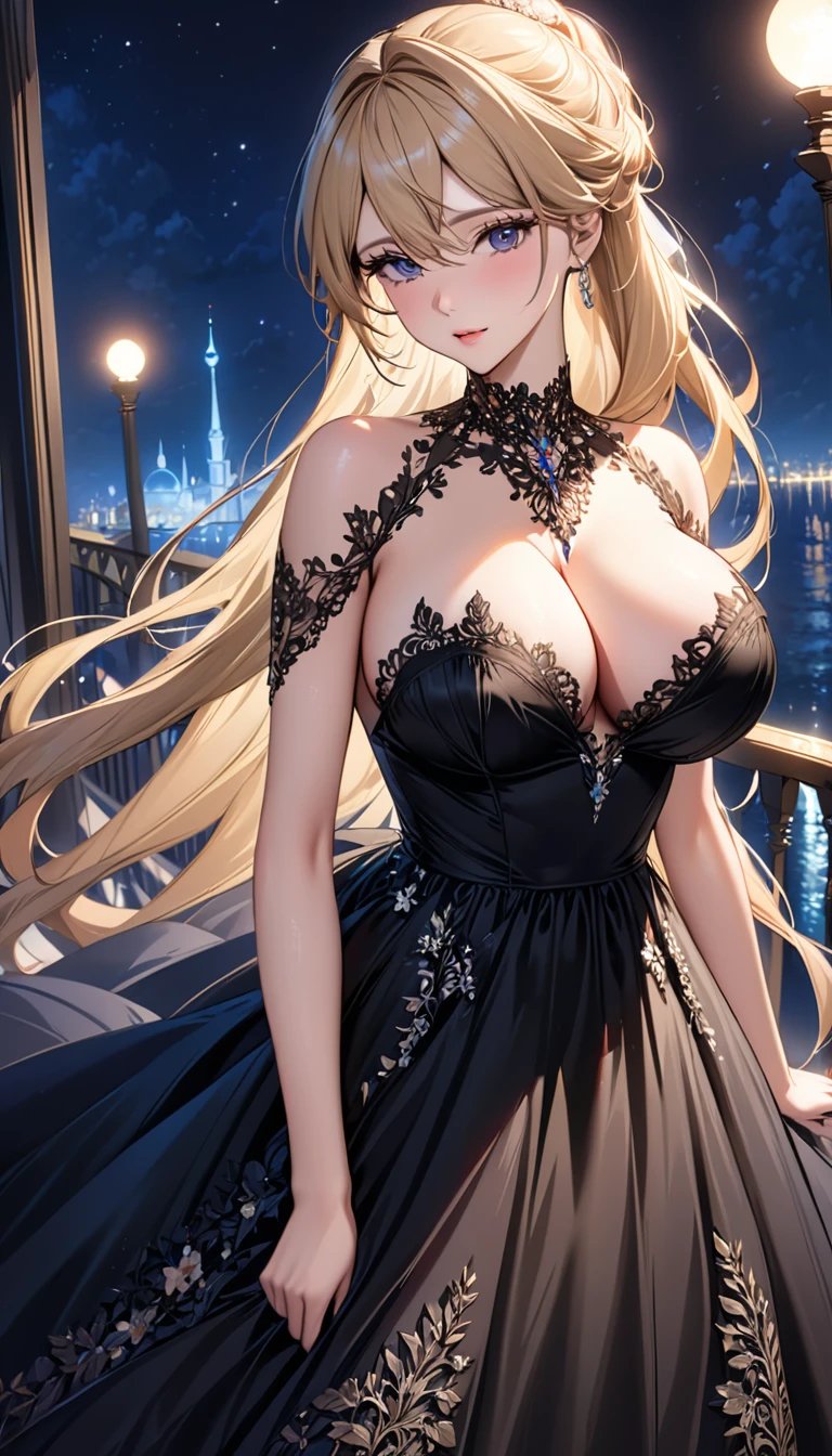 masterpiece:1.4,best-quality,Super Detail,Very Delicate and Beautiful, ( nsfw, 29 years old beautiful woman, blonde long hair ), very gigantic , very slender, black ball gown, lace ball gown, at night