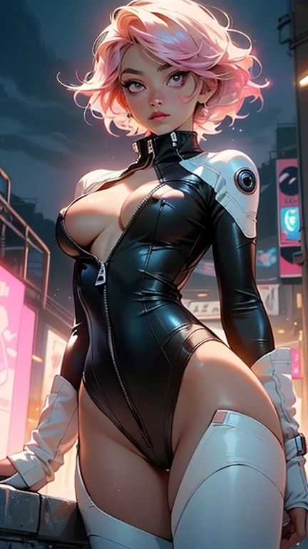 girl spacepunk,(((1girl))),((beautiful girl with cute pink hair)),
(large breasts:1.4),saggy breasts,((pink hair,pink messy hair,colored inner hair,short hair:1.5,absurdly short unkempt hair:1.35,short pink hair,ear breathing,intricate cut hair,((short hair tied up)))),(((pink_eyes:1.3))),intricate eyes,beautiful detailed eyes,symmetrical eyes,((fat)),(((lustrous skin:1.5,bright skin: 1.5,skin tanned,shiny skin,very shiny skin,shiny body,plastic glitter skin,exaggerated shiny skin,illuminated skin,wet legs))),(spider lower abdomen,narrow waist,wide hip,athletic body,inflated legs, thick thighs,detailed body,(detailed face)),
cute,slutty,seductive,erotic,(((nsfw))),
zettai ryouiki,revealing clothing,show skin,((underboob:1.5)),(cleavage),(semi-naked,with little clothing),((tiny micro thong:1.3)),(visible thong straps:1.3),((underpants strap)),(((tiny futuristic white spandex suit,long sleeve, zipper crop suit, zipper slightly unzipped))),((heavy boots over the knee, white boots)),((micro superhero suit,military patches)),(((white clothes, white outfit, wet clothes,intricate outfit,intricate clothes))),
(dynamic pose:1.0),solo focus,embarrassed,(centered,scale to fit dimensions,Rule of thirds),
cyberpunk city by the ocean at night, with bright neon signs and dark stormy clouds and puddles, scenery:1.25,nighttime, starry night, cosmos,Very dark night that makes the neon lights stand out, very bright neon lights,nighttime, starry night, cosmos,
artistic photography,(photography taken by sldr),highres, sharp focus,(ultra detailed, extremely detailed), (photorealistic artwork:1.37),(extremely detailed CG unity 8k wallpaper),((synthwave background theme)),(((vibrant colors))),intricate,(intricate background),(masterpiece),(best quality),perfect rendered face,perfect face details,realistic face,photo realistic,analog style,((intricate detail)),(((realism))),
