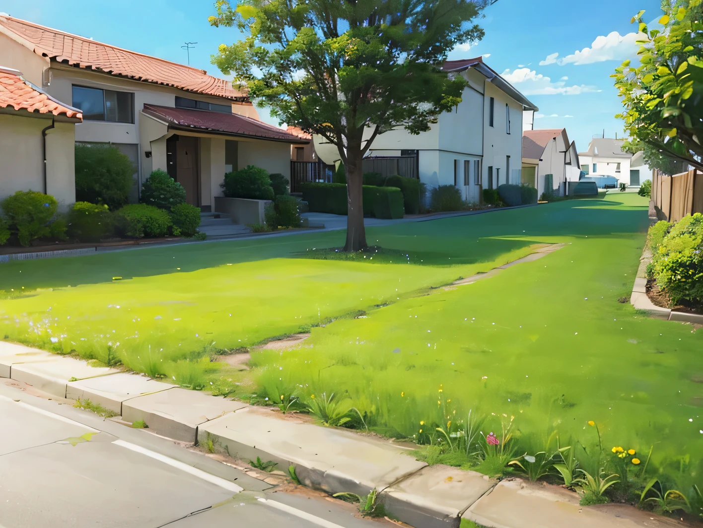street, grass, houses, sunny sky