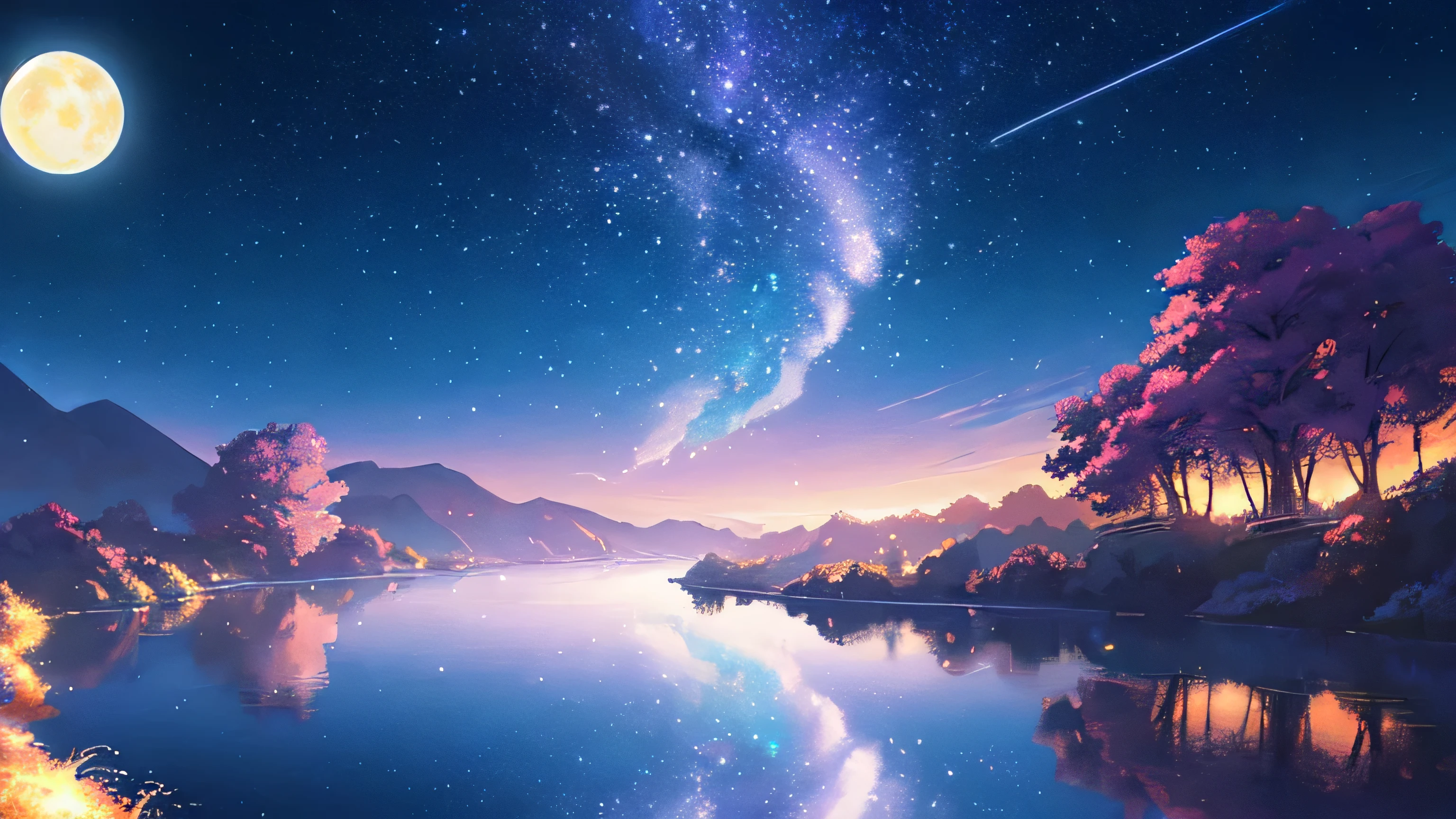 A painting of a river, stars and the moon in the sky, bright colors, by makoto shinkai. Concept art inspired by Mitsuoki Tosa, pixiv Contest Winner, highest quality, Fantasy art, Beautiful anime scene, Golden Moon. Bright Moon, Starry Sky environment under the moonlight, Dream Painting, Anime Background art, Fantasy Landscape Painting, A dreamlike night, Anime Background, Background artwork, Dreamy Art, Atmospheric anime, Starry Sky, details enhanced.
